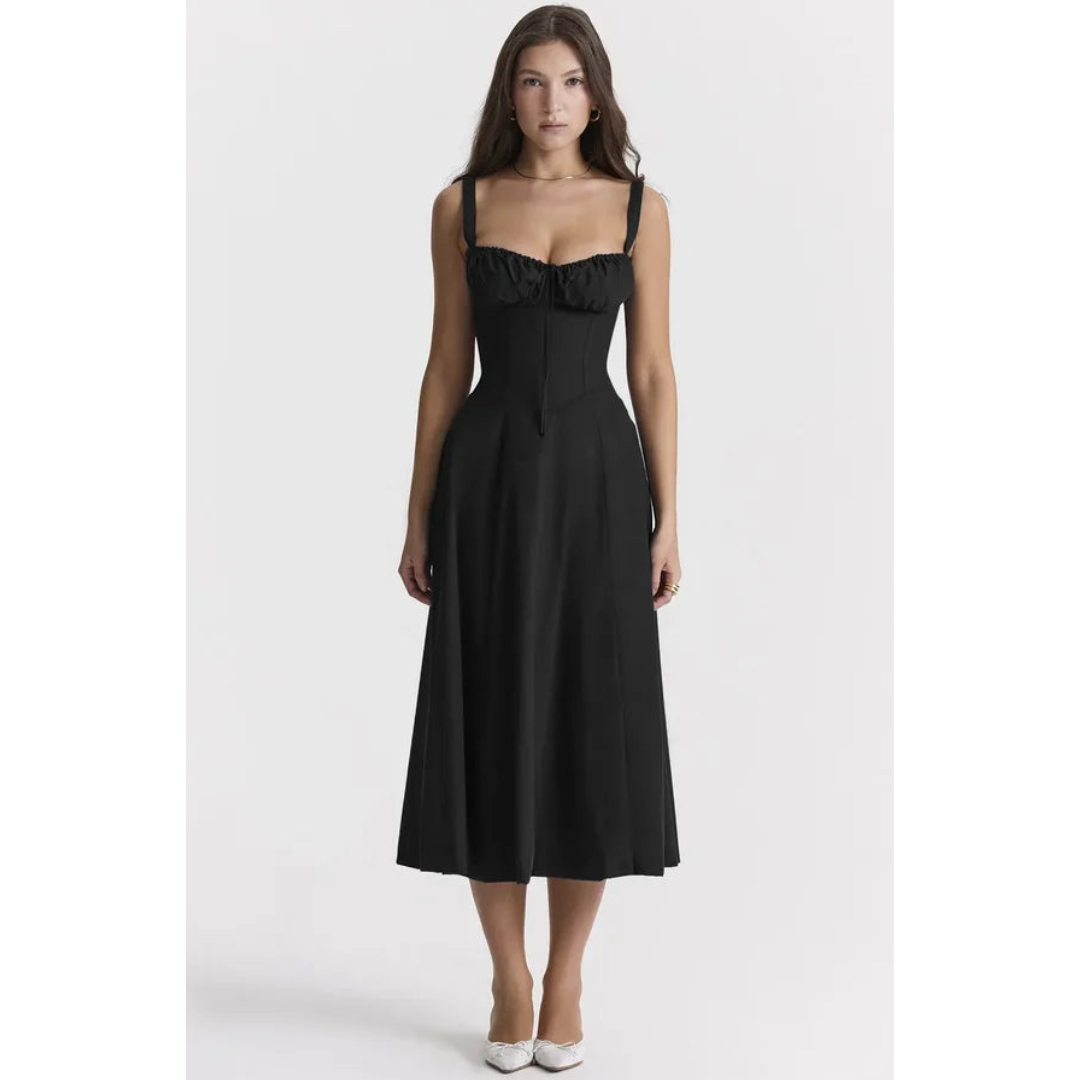 Ärmelloses Sommerkleid mit Sweetheart-Ausschnitt, eleganter Midi-Schnitt, tailliertes Design für feminine Silhouette.