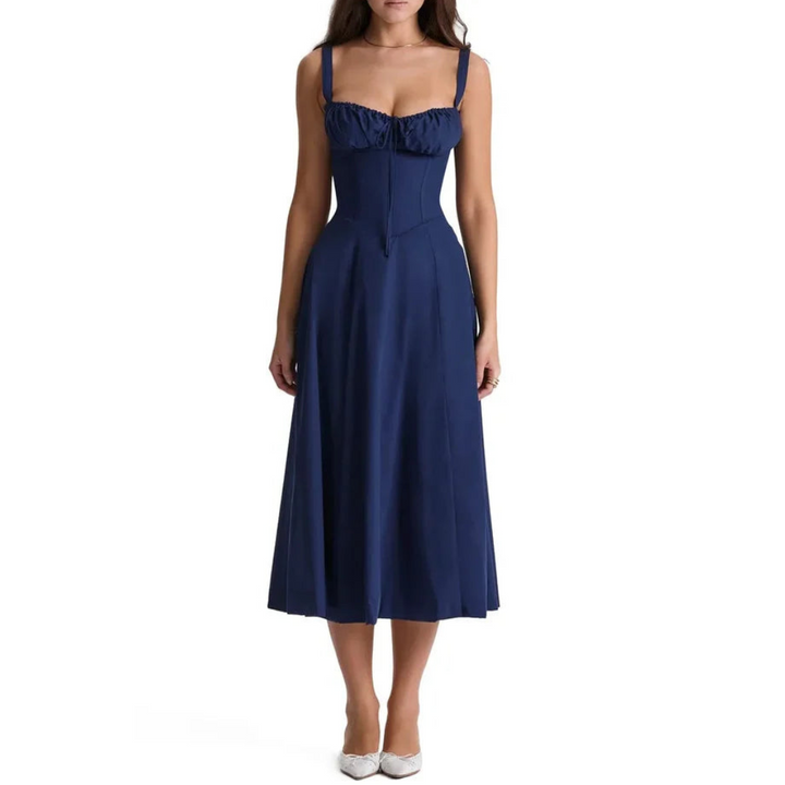 Ärmelloses Sommerkleid mit Sweetheart-Ausschnitt, eleganter Midi-Schnitt, tailliertes Design für feminine Silhouette.