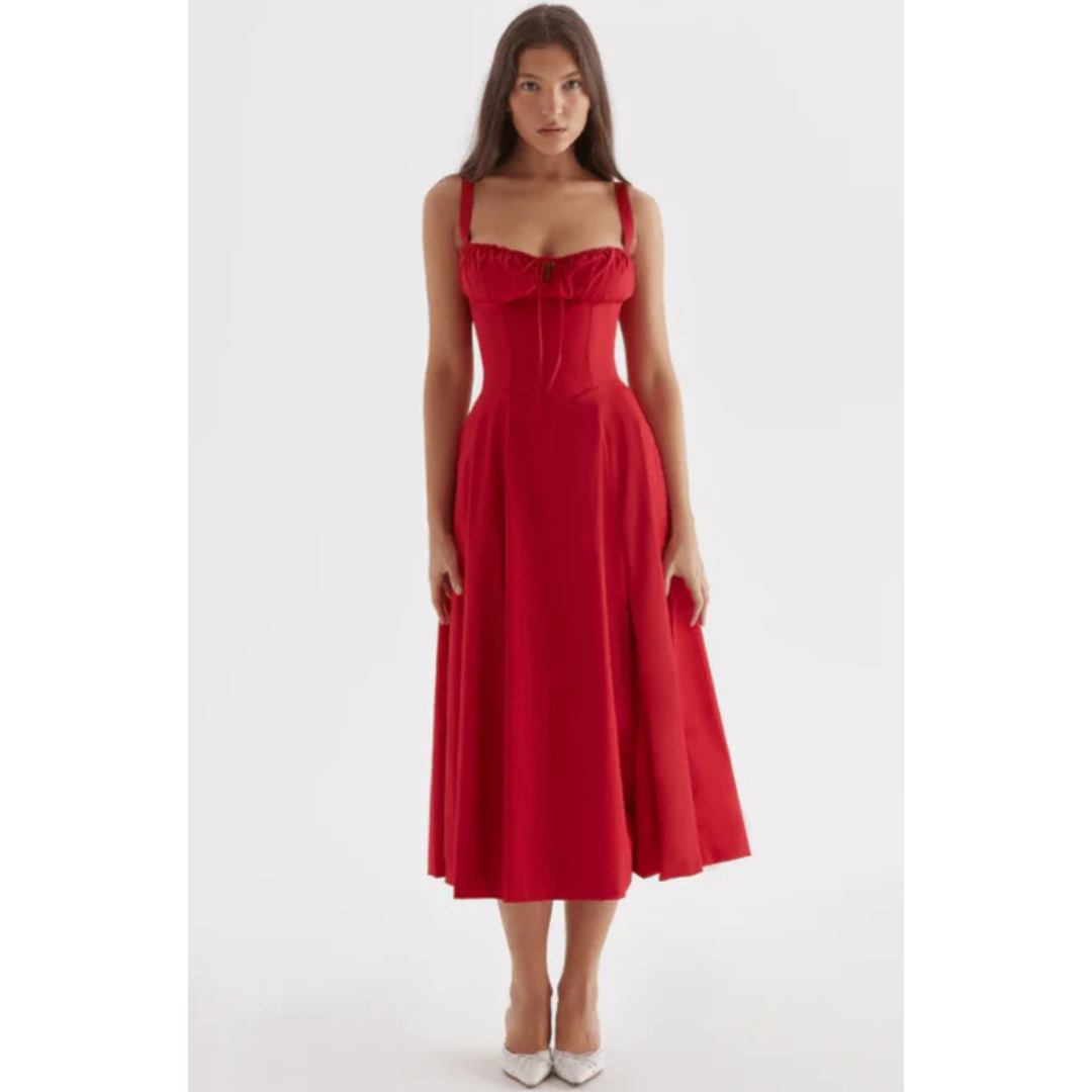 Ärmelloses Sommerkleid mit Sweetheart-Ausschnitt, eleganter Midi-Schnitt, tailliertes Design für feminine Silhouette.