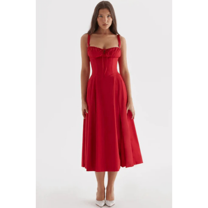 Ärmelloses Sommerkleid mit Sweetheart-Ausschnitt, eleganter Midi-Schnitt, tailliertes Design für feminine Silhouette.