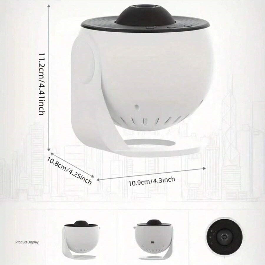 "AstroGlow Projektorlampe projiziert faszinierenden Sternenhimmel, kompakt und USB-betrieben; ideal für beruhigende Abende."