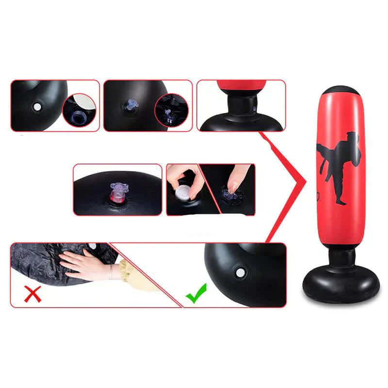 "Aufblasbarer PowerStrike Boxsack aus robustem PVC, freistehend, ideal zum Fitness- und Stressabbau daheim."