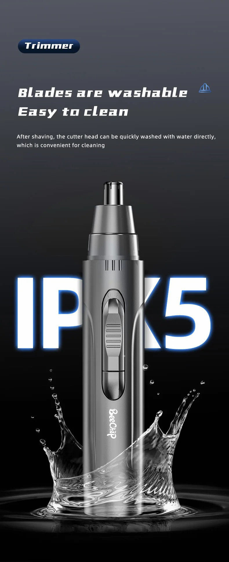 Aufladbarer Nasen- und Ohrhaarschneider, schwarz, kompakt, für präzises und schmerzfreies Trimmen, ideal für Reisen.