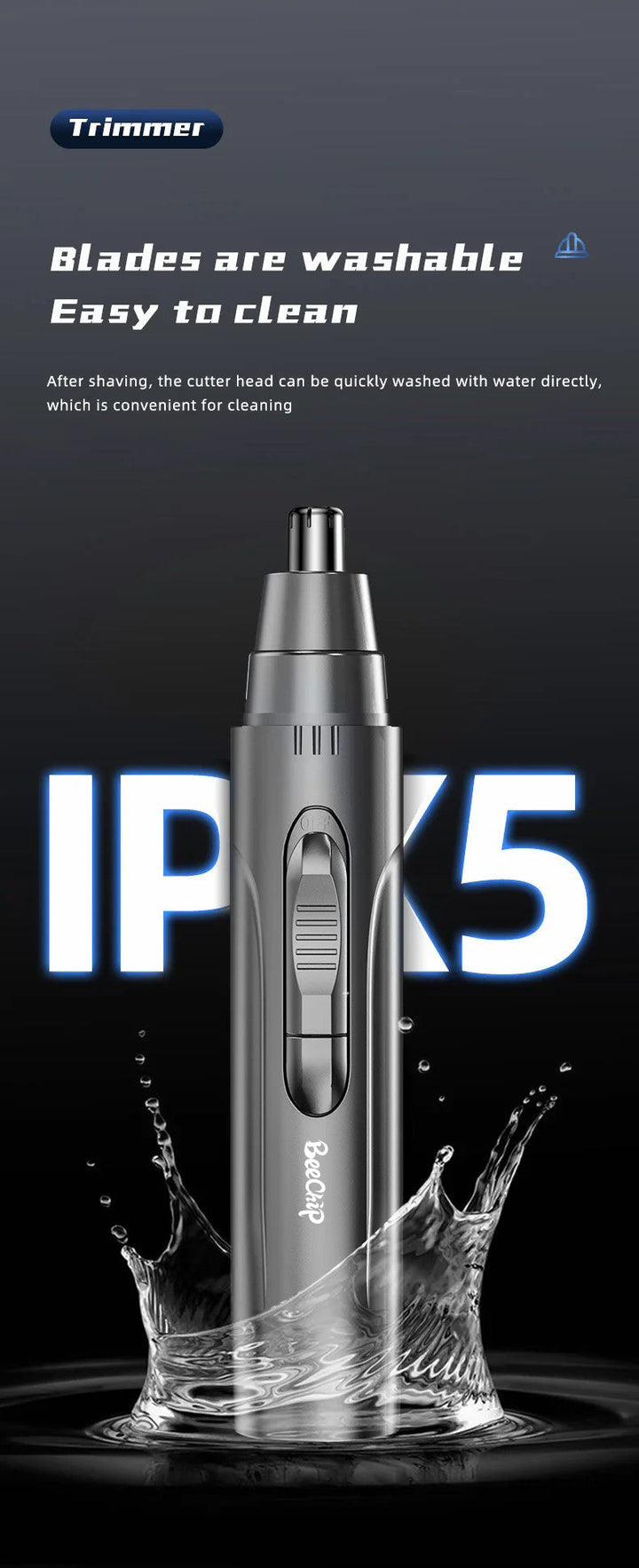 Aufladbarer Nasen- und Ohrhaarschneider, schwarz, kompakt, für präzises und schmerzfreies Trimmen, ideal für Reisen.