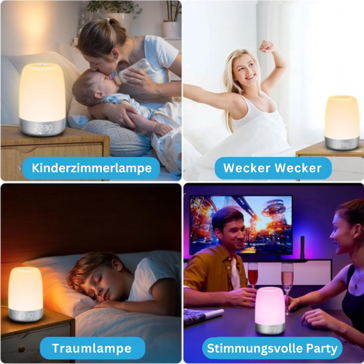 Aurora Wake-up-Light mit simuliertem Sonnenaufgang, LED-Display und Naturklängen für entspannte Morgenroutine.