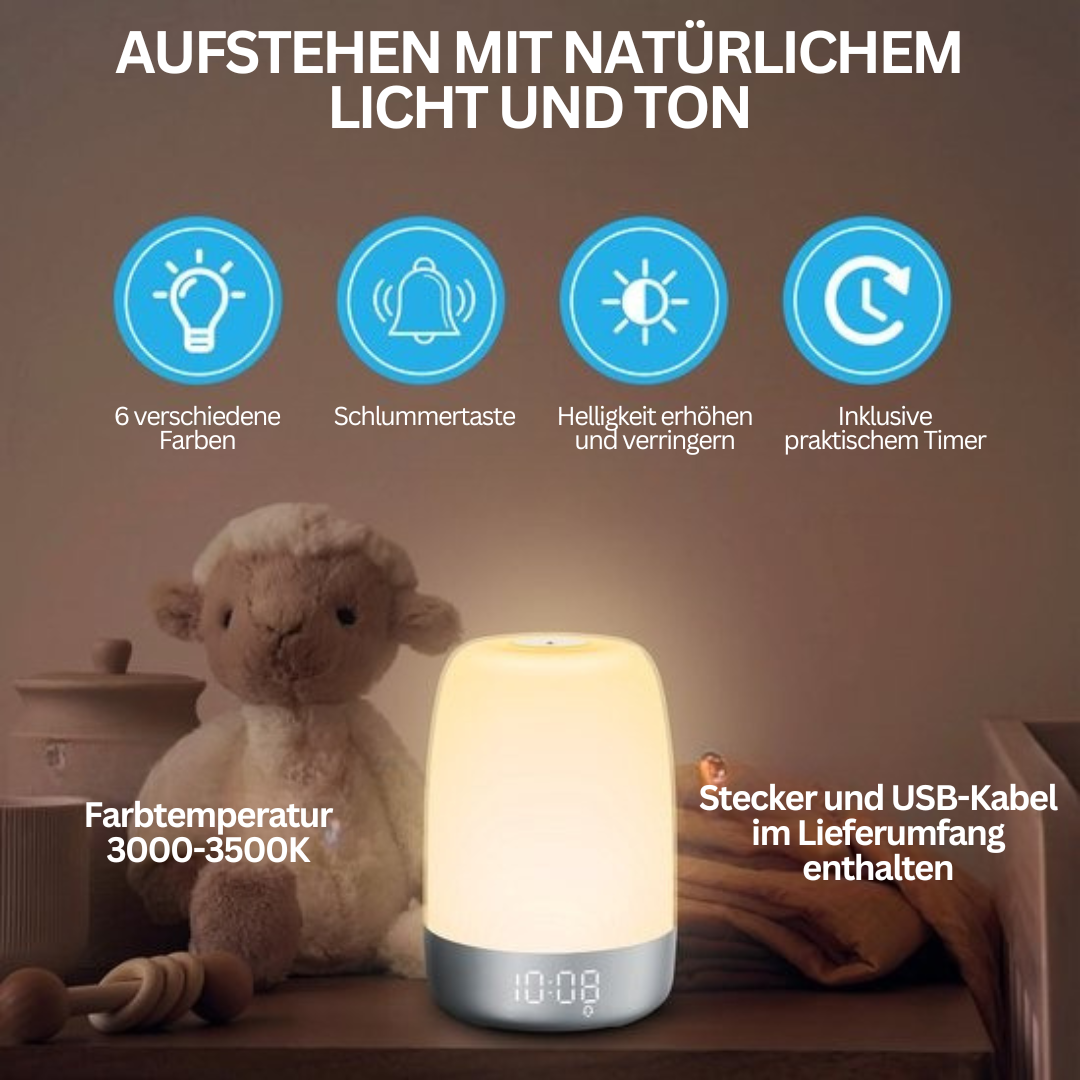 Aurora Wake-up-Light mit simuliertem Sonnenaufgang, LED-Display und Naturklängen für entspannte Morgenroutine.