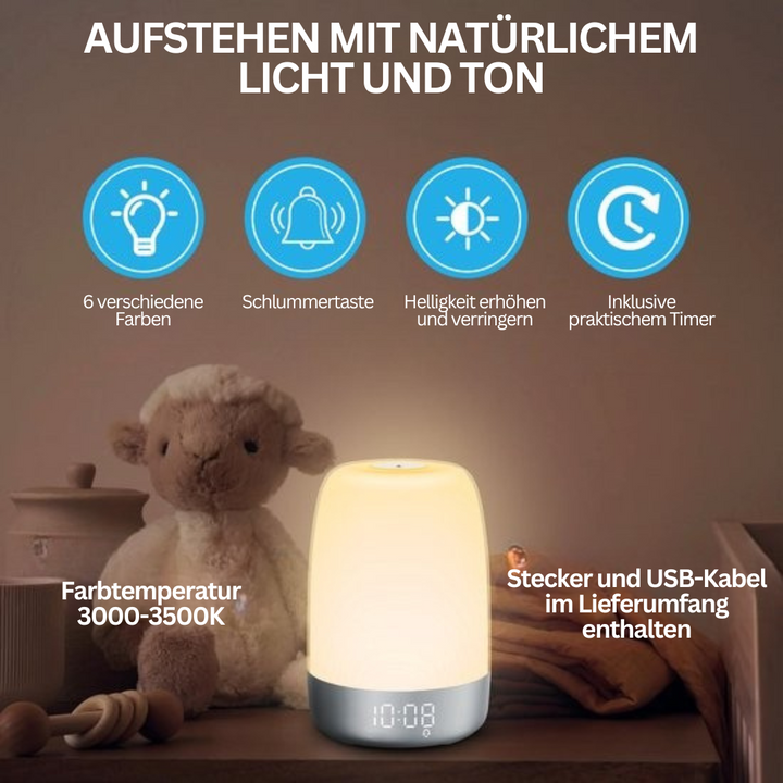 Aurora Wake-up-Light mit simuliertem Sonnenaufgang, LED-Display und Naturklängen für entspannte Morgenroutine.