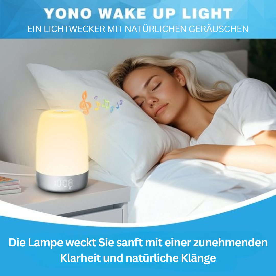 Aurora Wake-up-Light mit simuliertem Sonnenaufgang, LED-Display und Naturklängen für entspannte Morgenroutine.