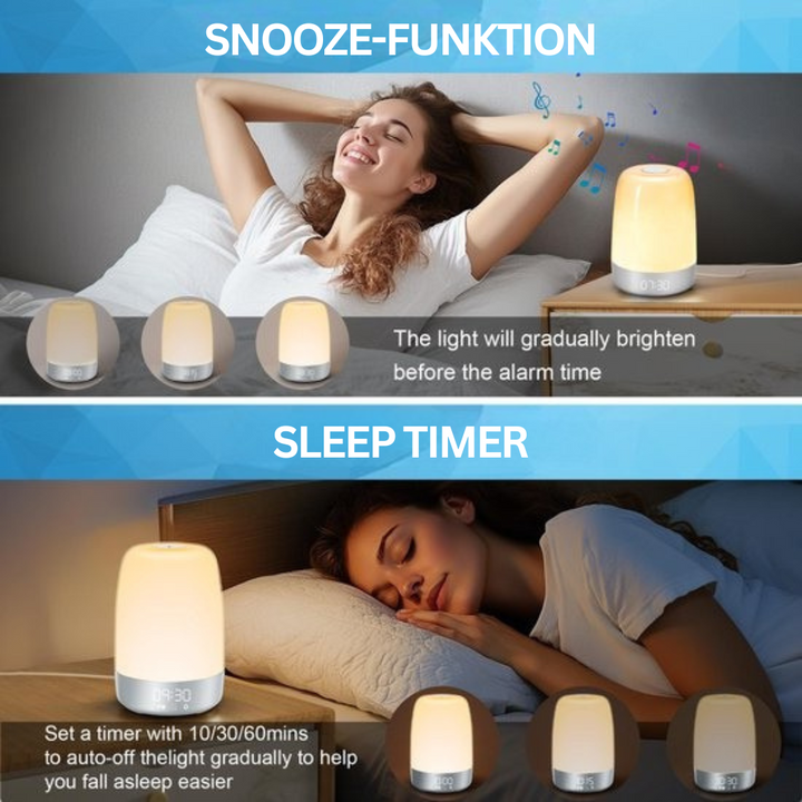 Aurora Wake-up-Light mit simuliertem Sonnenaufgang, LED-Display und Naturklängen für entspannte Morgenroutine.