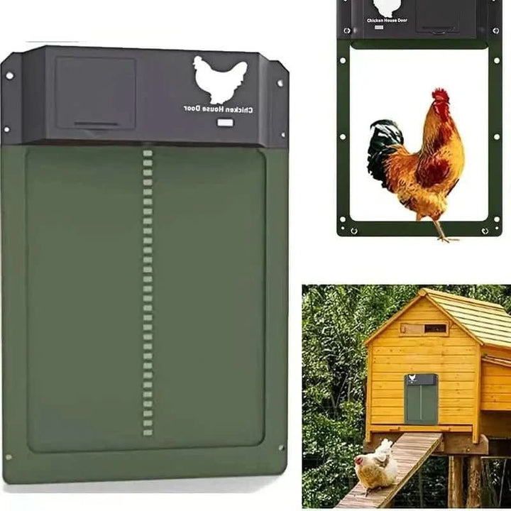 Automatic chicken door featuring a light sensor, ensuring poultry safety at dawn & dusk.