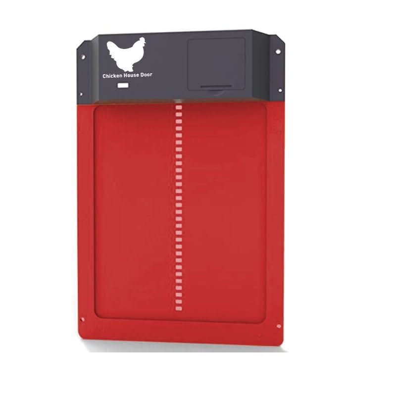Essential farm chicken supplies: automatic coop door with light sensor for poultry safety.