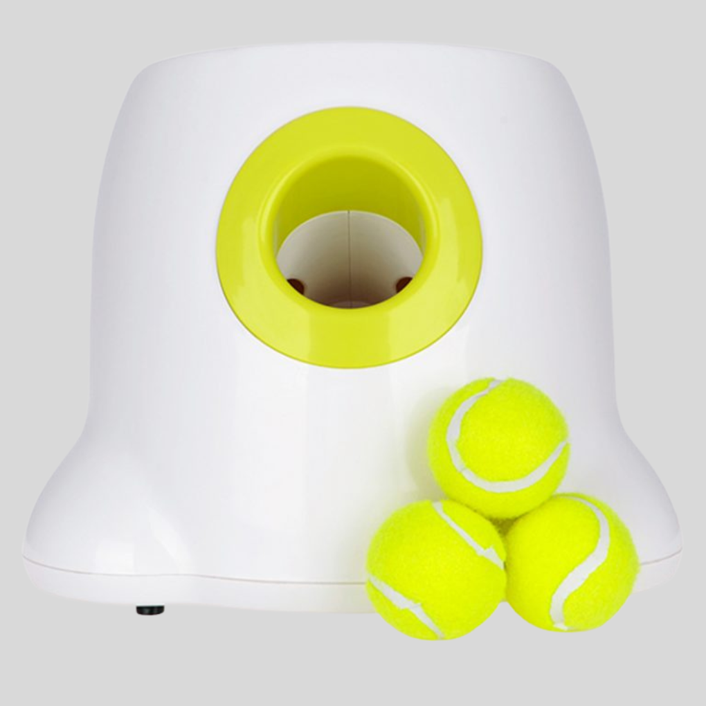 Red automatic dog ball launcher with tennis ball, promoting pet exercise and interactive playtime