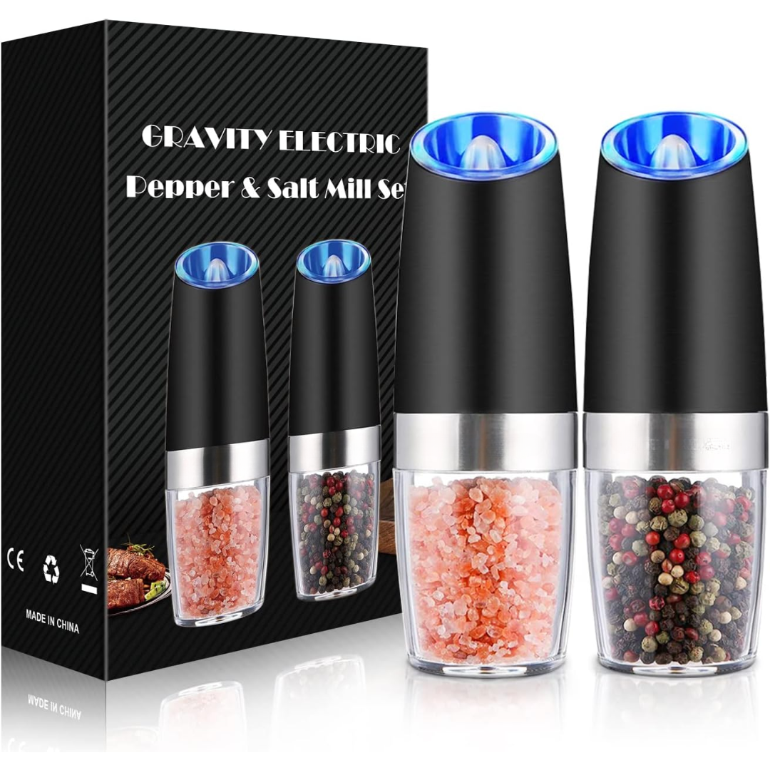 Rechargeable salt & pepper mill set with LED light and adjustable settings.