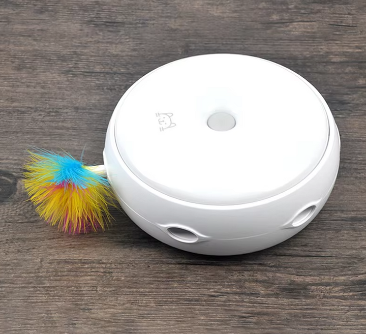 Cat enrichment automatic toy with a colorful rainbow feather, perfect for active indoor cats.