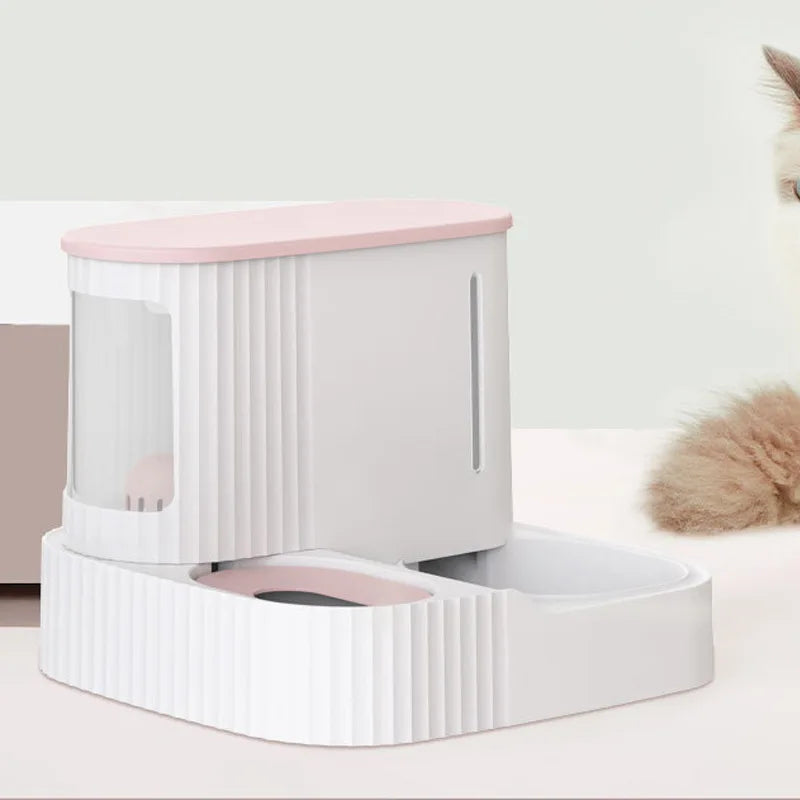 Side view of modern pet automatic feeder, showing food capacity and water bowl.