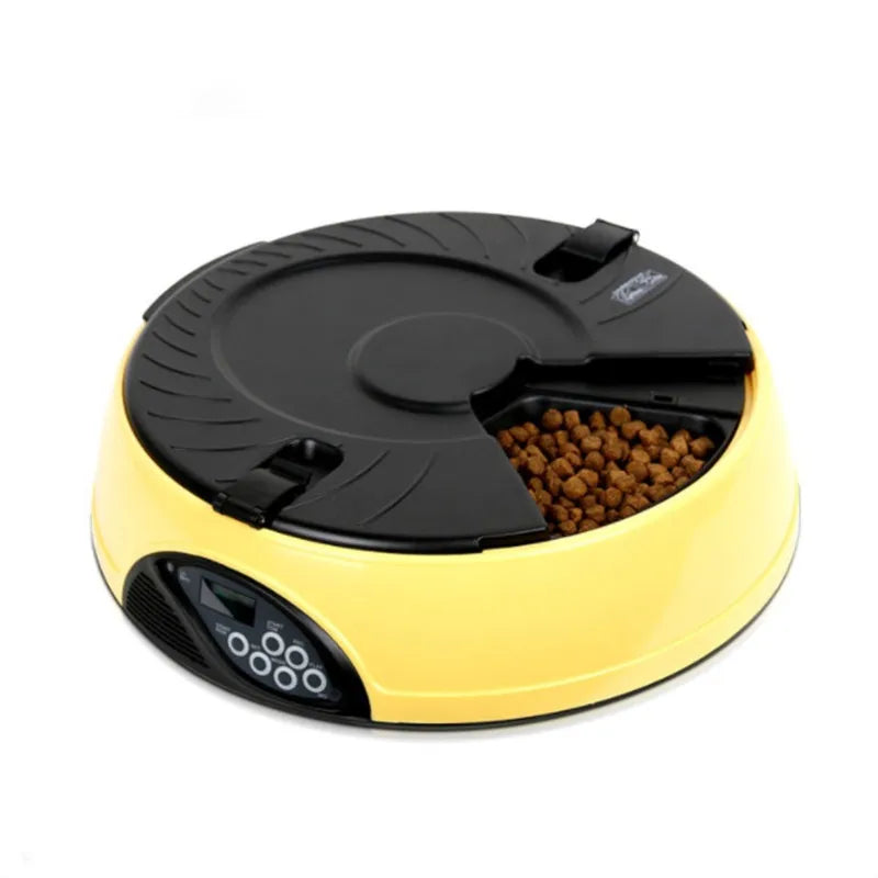 Hands-free automatic pet food dispenser with timer and portion settings for cats and dogs.