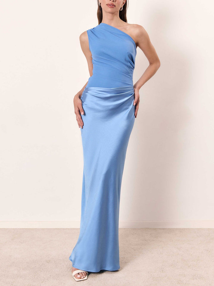 Stylish light blue pleated maxi dress, perfect for women as an elegant wedding guest or special occasion outfit.