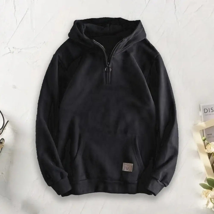 Versatile men's quarter-zip hoodie, excellent for outdoor activities and comfortable fall fashion.