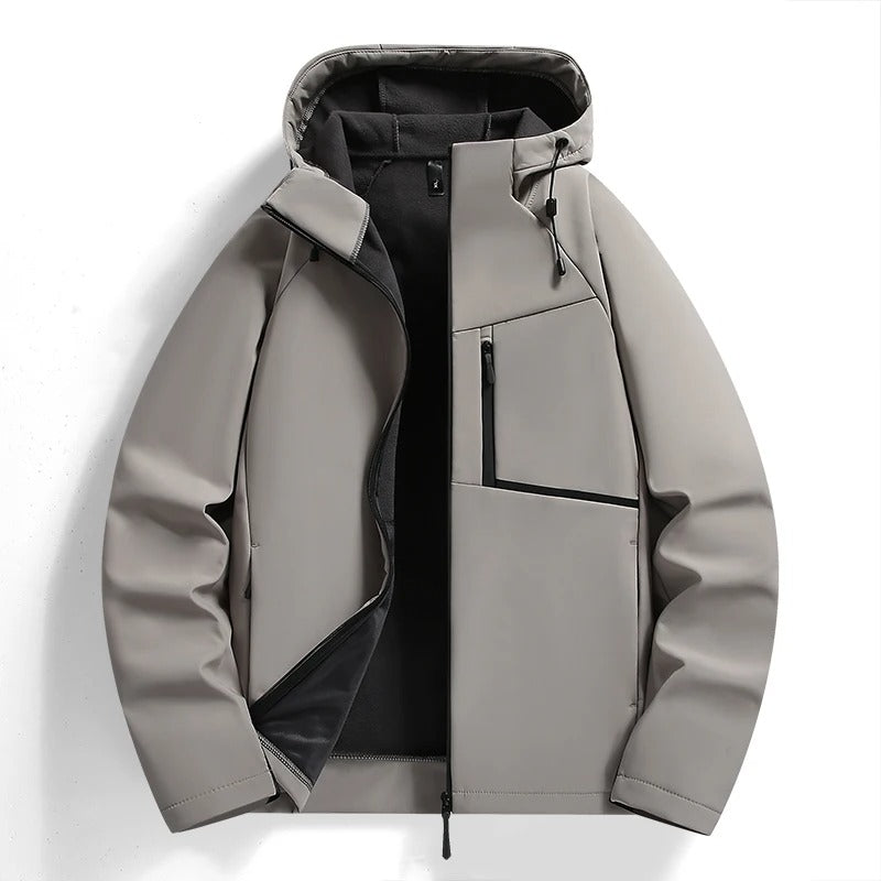 Stylish men's full-zip hooded jacket in a casual setting, comfortable & weather-ready outerwear.