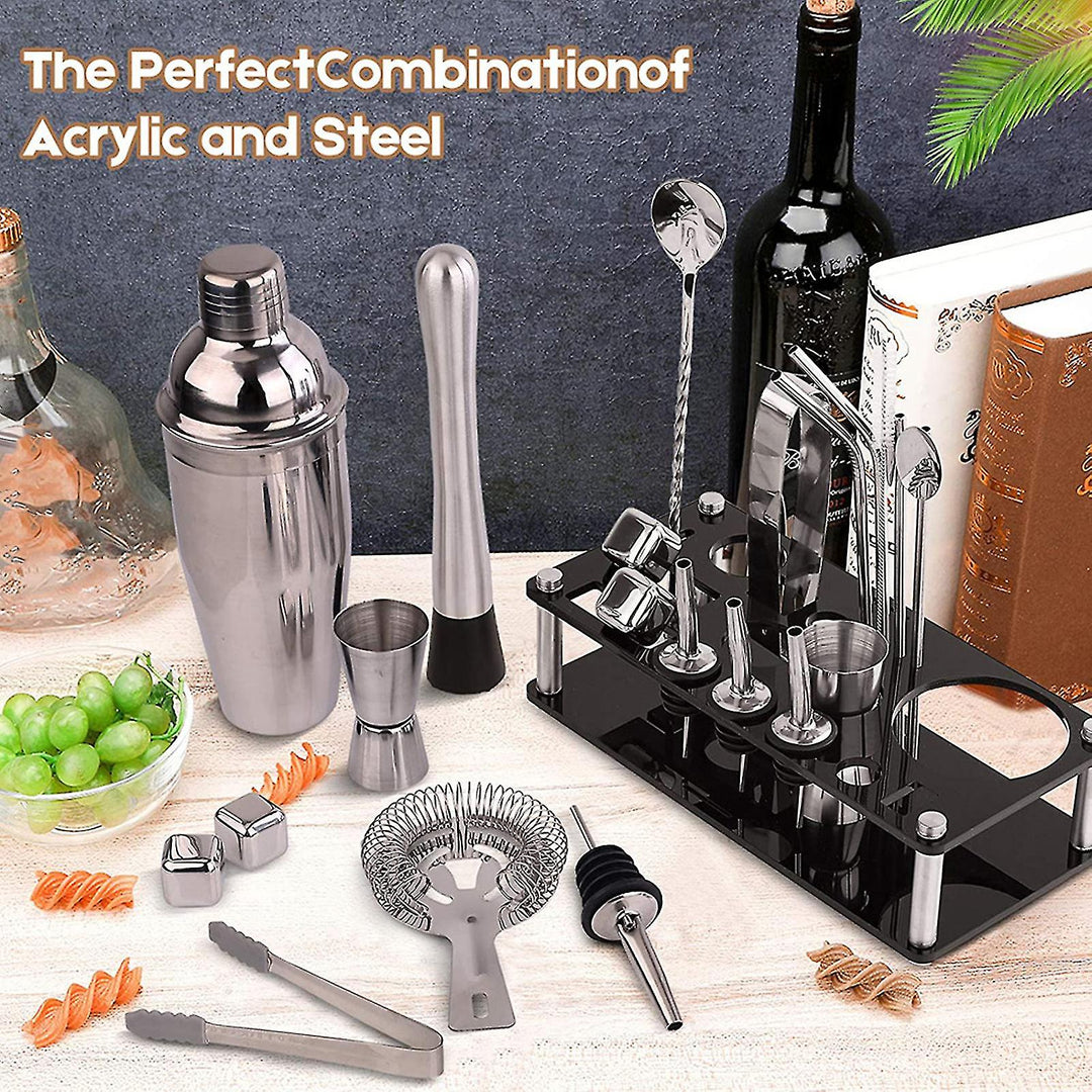 "Barkeeper Kit aus Edelstahl mit 23 Teilen, inkl. Martini-Shaker, Jigger, Muddler, Sieb und Bambus-Ständer, für Cocktails."