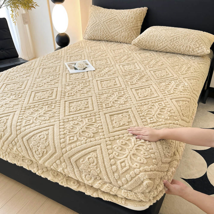 Experience luxury with this warm milk velvet baroque embossed fitted sheet and coordinating pillowcase.