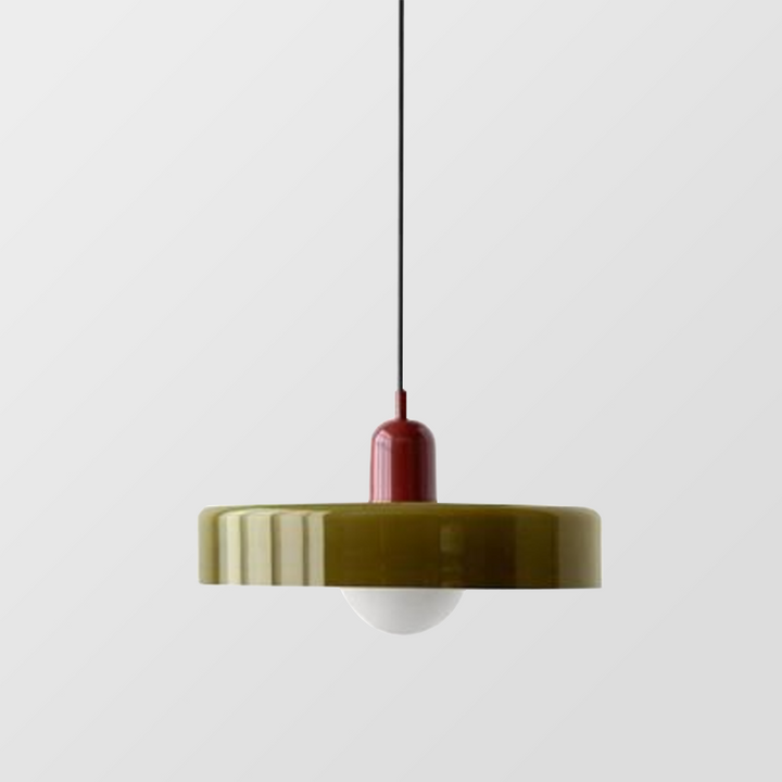 "Bauhaus-Stil Pendelleuchte aus Buntglas, LED-kompatibel, elegante Farben, moderne Deckenleuchte, warmes Lichtambiente."