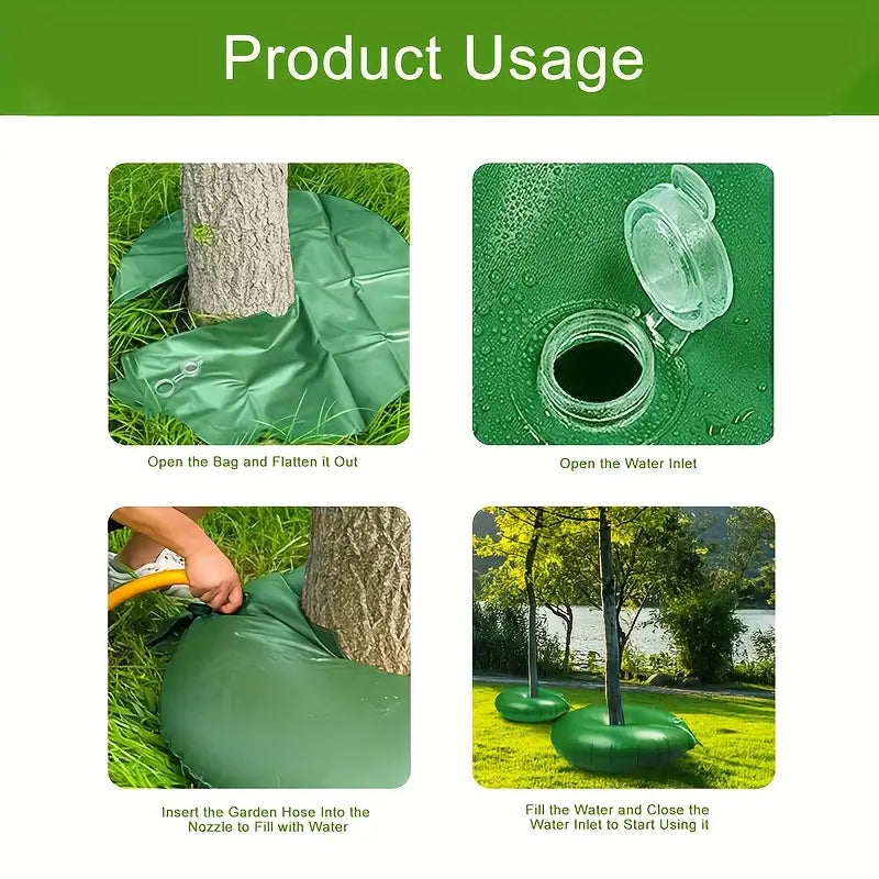 "Baum Bewässerungstasche mit Tropfbewässerung für gleichmäßige Wasserzufuhr an Wurzeln, ideal für Gartenpflege."