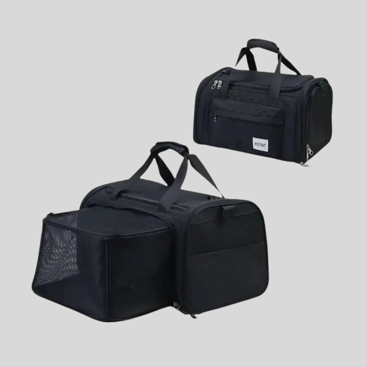 Beige expandable pet carrier, airline approved for small dogs or cats, with mesh windows
