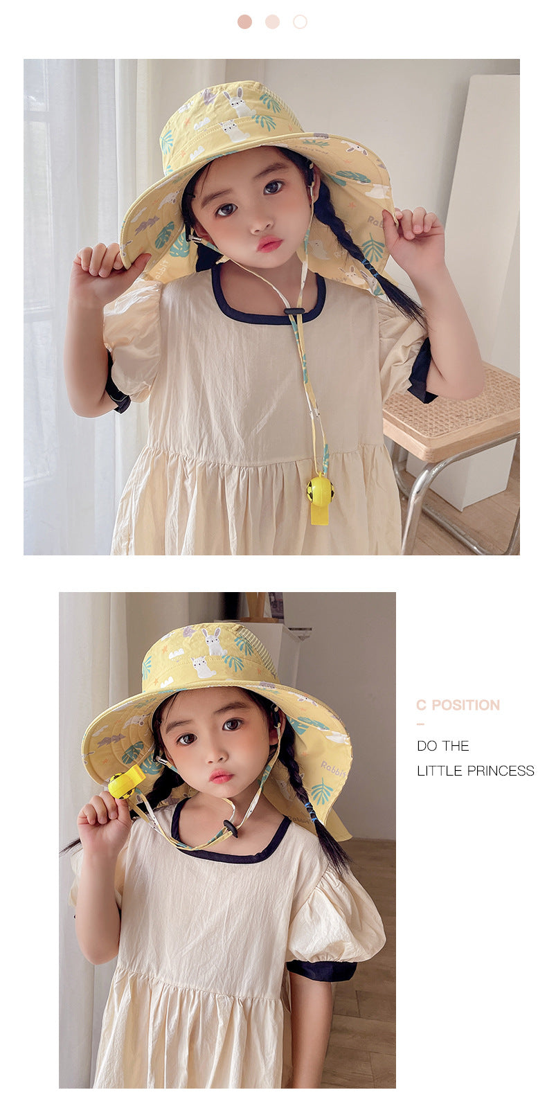 Beiger Kinder Sonnenhut mit UPF 50+, breiter Krempe und verstellbarem Kinnband für optimalen Sonnenschutz und Komfort.