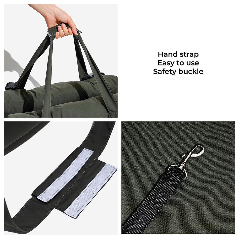 "Bequemes, tragbares Hundesitzbett im Auto, geeignet für Reisen, mit weicher Polsterung und verstellbaren Gurten."