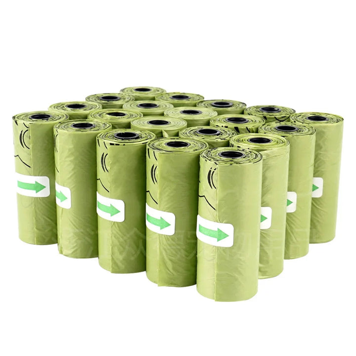 Close-up of a single roll of green biodegradable dog waste bags, highlighting 'eco-friendly' feature