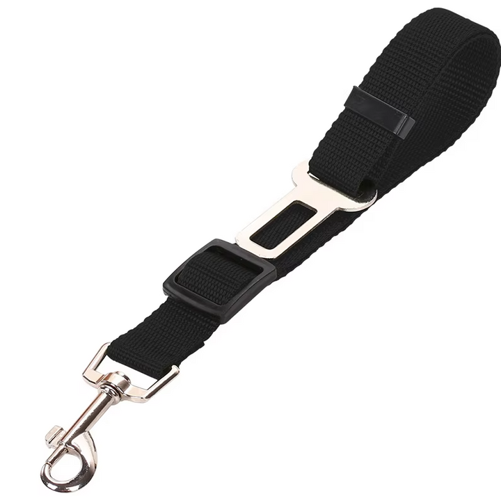 Pet safety: black dog car seat belt with durable carabiner for secure and adjustable canine restraint.
