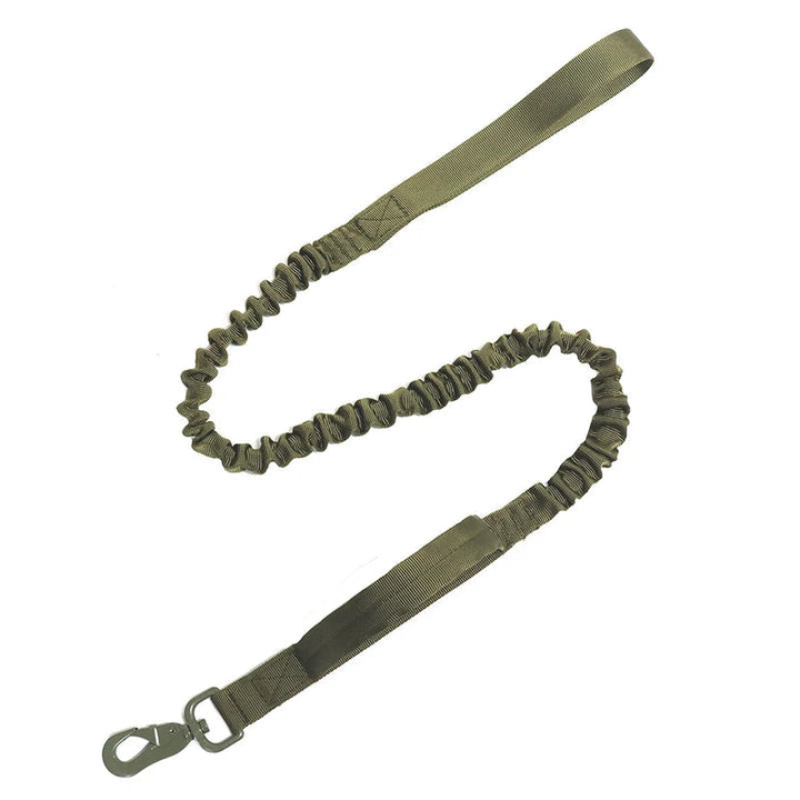 Green military-grade nylon dog leash, extended to full length, demonstrating its versatility and durability.
