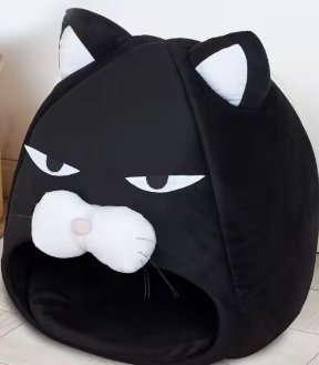 Unisex black pet cozy cave bed, cat head design, perfect for small dogs and cats needing comfort.