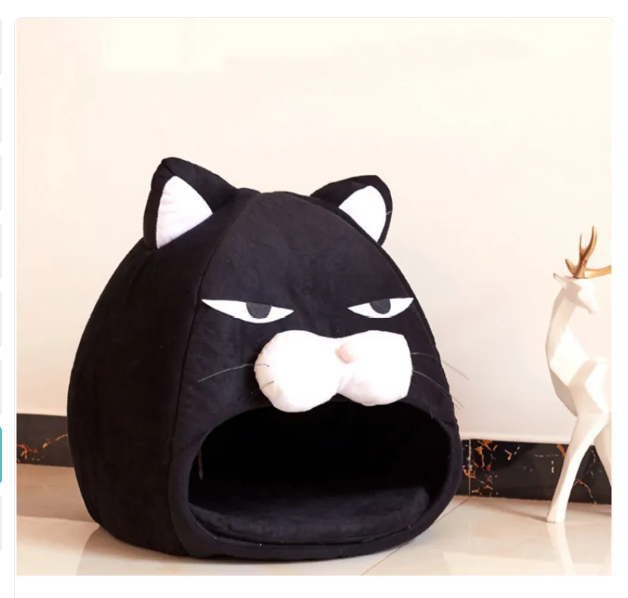 Soft black cat head pet cave bed, a snuggly animal comfort accessory for cats and small canine companions.