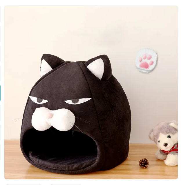 Pet supplies: plush black cat head design cozy cave bed, ideal for cats and small dog relaxation.
