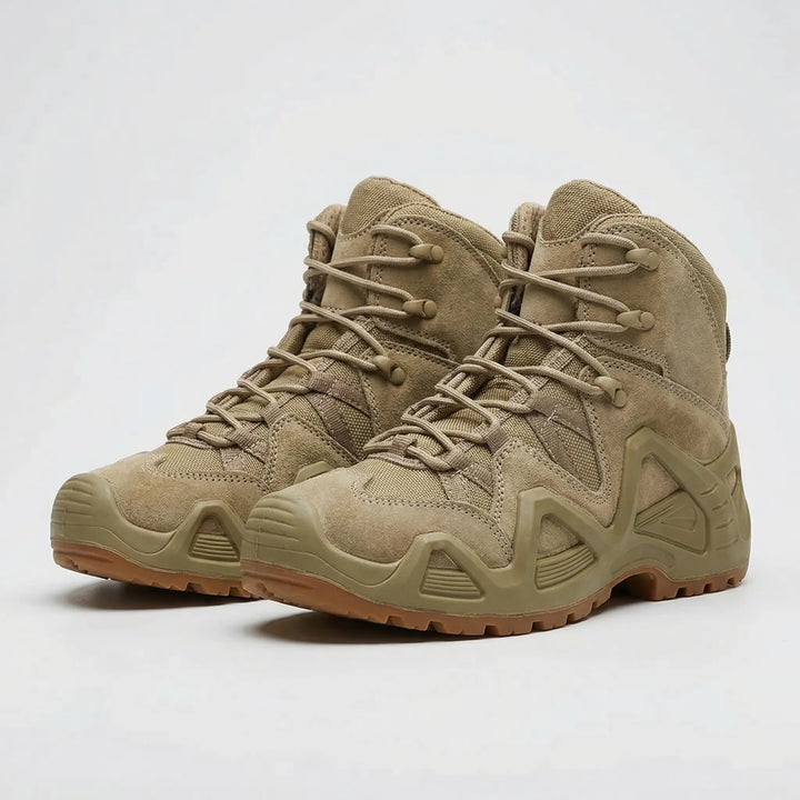 Green men's tactical boots, all-terrain, durable lace-up design for outdoor adventures & cold weather.