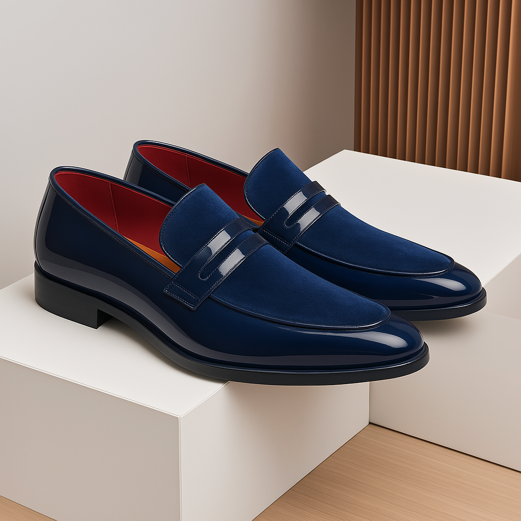 Men's navy dress loafers from an overhead view, showing polished finish and easy slip-on style.