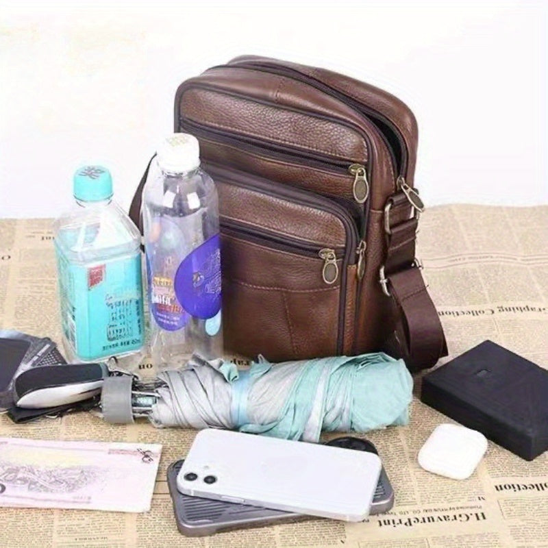 Fashionable men's messenger bag, brown, with adjustable shoulder strap for urban adventures.