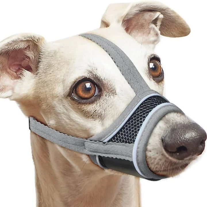 Black reflective nylon dog muzzle, breathable & adjustable for pet safety and dog training