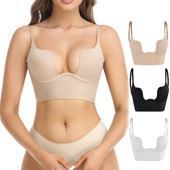 Nude invisible strapless bra with adhesive for backless dresses. Provides comfortable, seamless lift.