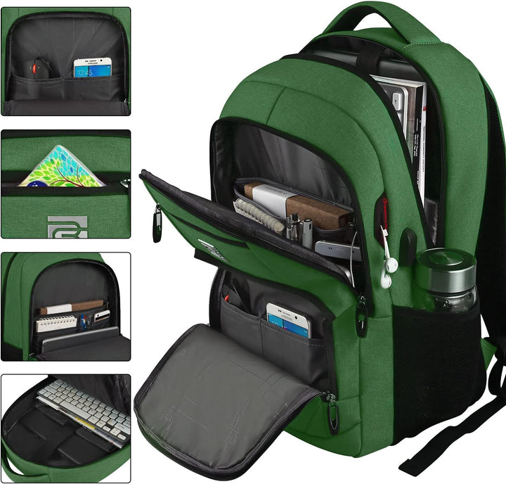 Overhead view of an open anti-theft laptop backpack, revealing its compartments.