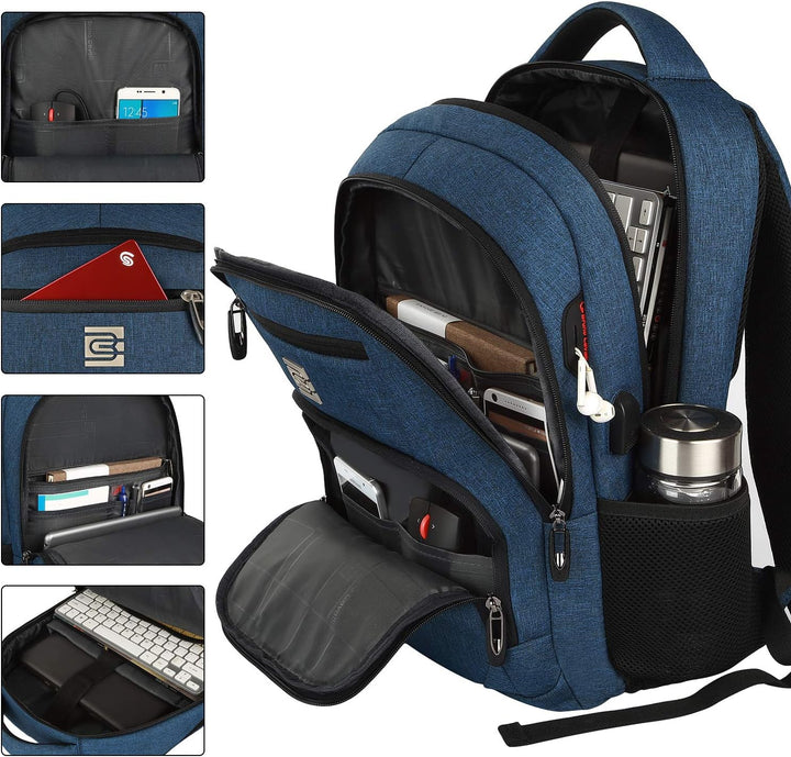 Modern anti-theft backpack in sleek black, grey, or blue, with USB port.