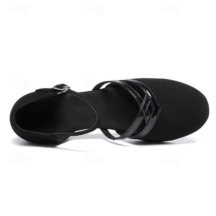 Comfortable women's black ankle strap dance shoes, designed for secure performance and versatile dancewear.