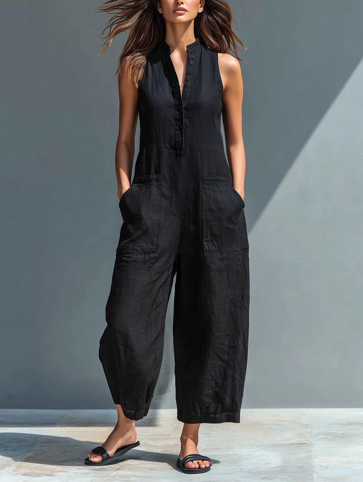 Black women's sleeveless loose-fit jumpsuit, perfect for comfortable casual wear & effortless summer style.