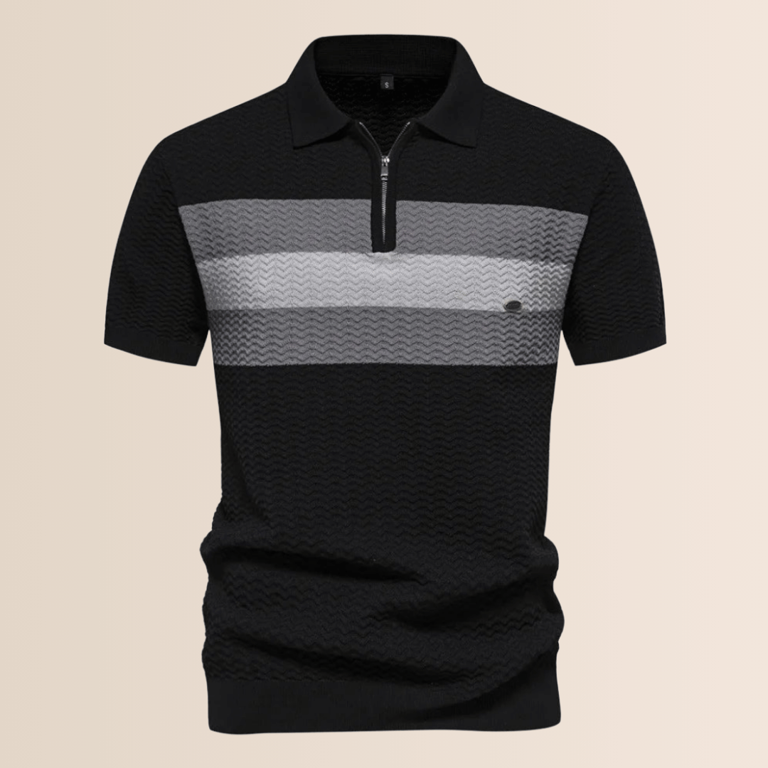 Close-up of a stylish men's striped half-zip polo shirt, featuring a comfortable collar and breathable lightweight fabric.