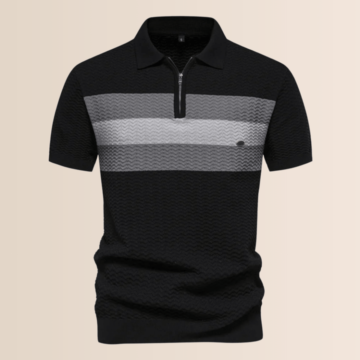 Close-up of a stylish men's striped half-zip polo shirt, featuring a comfortable collar and breathable lightweight fabric.
