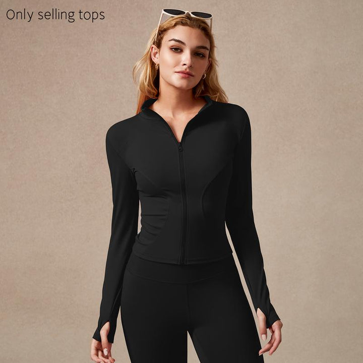 Women's sculpted full-zip performance top for gym workouts and active fitness.