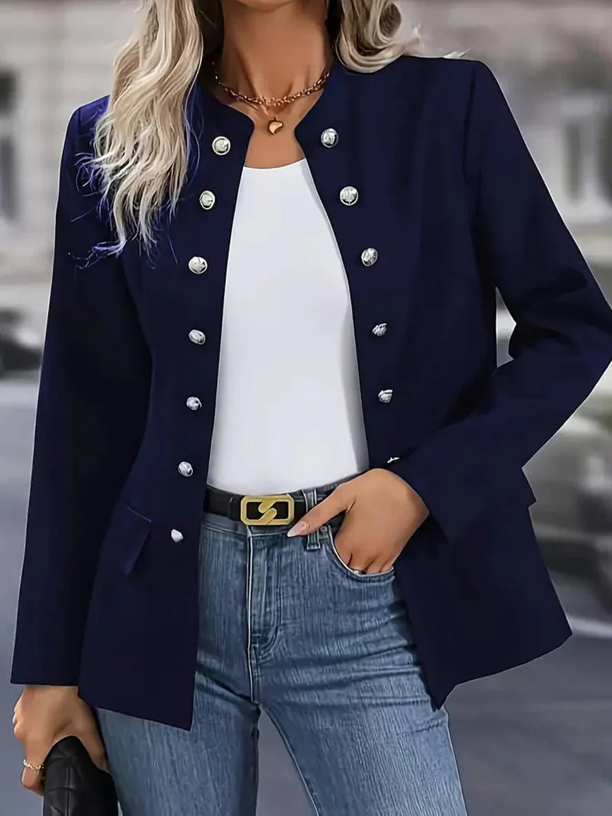 Chic women's long sleeve military blouse, button-down for a sophisticated casual or work style.