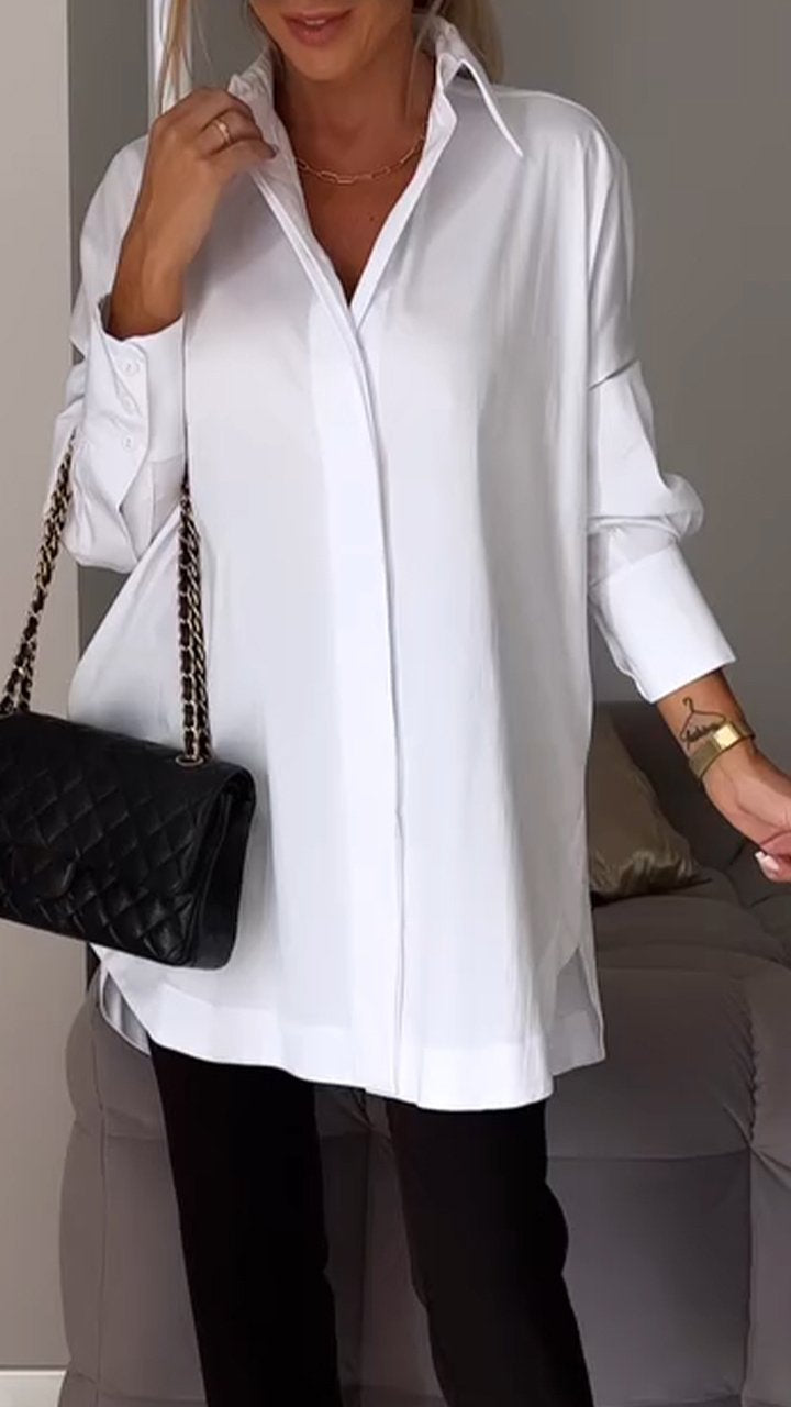 Effortless women's white collared blouse, an oversized relaxed fit top for casual elegance.